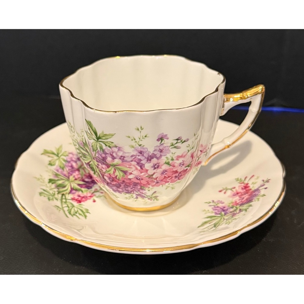 Windsor Teacup Saucer Set White Purple Pink Floral Gold Trim England Bone China